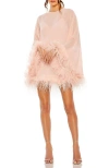 Mac Duggal Long Sleeve Feather Trim Trapeze Minidress In Porcelain