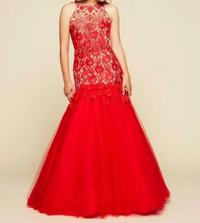 Mac Duggal Trumpet Ball Gown With Lace In Red