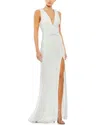 Mac Duggal Faux Wrap V-neck Slit Jersey Gown In White