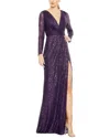 Mac Duggal Long Sleeve Sequin Faux Wrap Gown