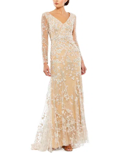 Mac Duggal Embroidered V Neck Long Sleeve Trumpet Gown In Ivory Nude