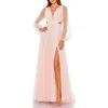 Mac Duggal Tulle Sheer Long Sleeve Cut Out Lace Up A Line Gown In Blush