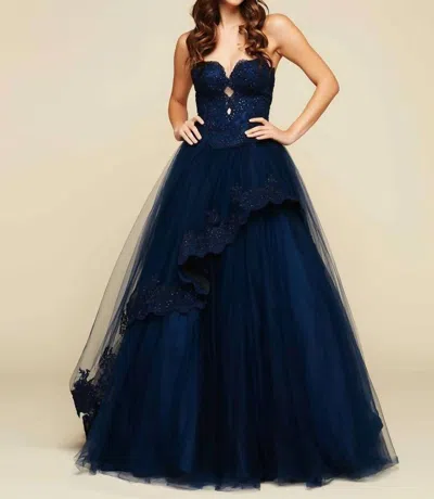 Mac Duggal Tulle Ball Gown In Navy In Blue