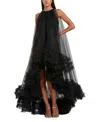 Mac Duggal Tulle High Neck Sleeveless Ruffled Hem Hi-lo Gown In Black