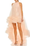 Mac Duggal Tulle High Neck Sleeveless Ruffled Hem Hi-lo Gown In Blush