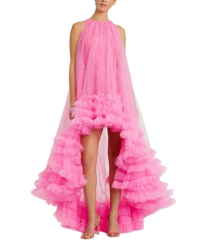 MAC DUGGAL TULLE HIGH NECK SLEEVELESS RUFFLED HEM HI-LO GOWN