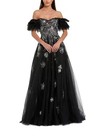 Mac Duggal Tulle Off The Shoulder Sequin & Beaded Detail Gown In Black