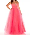Mac Duggal Tulle Strapless Gown In Neon Coral In Multi