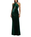 Mac Duggal Twist Neck Open Front Velvet Draped Gown In Emerald