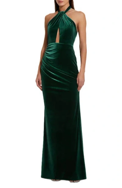 Mac Duggal Twist Neck Open Front Velvet Draped Gown In Emerald