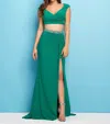 Mac Duggal Two-piece Gown With High Slit In Emerald In Gold