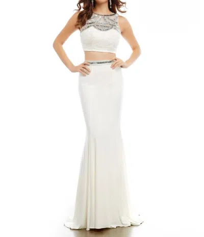 Mac Duggal Two-piece Jeweled Gown In Ivory/gold In Multi