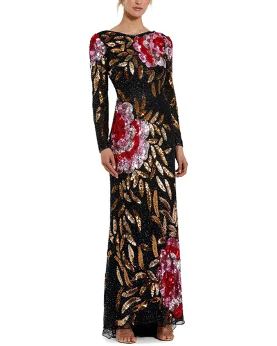 Mac Duggal Floral Patter Sequin Long Sleeve Dress In Black Multi