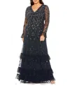 Mac Duggal V- Neck Embellished Long Flutter Sleeve Gown In Midnight