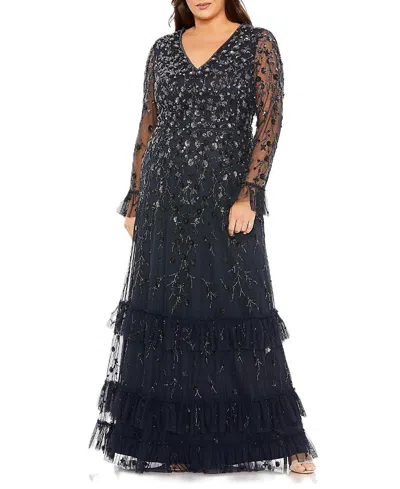 Mac Duggal V- Neck Embellished Long Flutter Sleeve Gown In Midnight