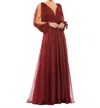 Mac Duggal V-neck A-line Chiffon Gown Beaded Cuffs In Garnet In Burgundy