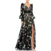 Mac Duggal V-neck Bishop Sleeve Gown With Beaded Cummerbund And Thigh-high Slit In Black