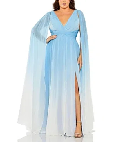 Mac Duggal V-neck Cape Sleeve Ombre Gown In Blue Ombre
