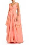 Mac Duggal V Neck Chiffon Gown With Draping Details In Coral