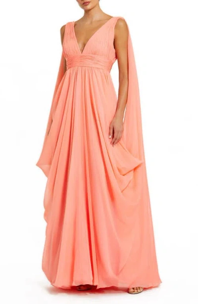Mac Duggal V Neck Chiffon Gown With Draping Details In Coral
