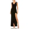 Mac Duggal V Neck Embellished Cap Sleeve Faux Wrap Slit Gown In Black