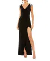 Mac Duggal V-neck Embellished Cap Sleeve Faux Wrap Slit Gown In Black