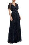 Mac Duggal V Neck Embellished Flutter Sleeve A Line Gown In Midnight
