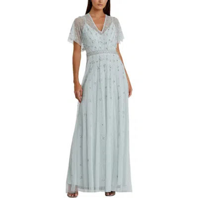 Mac Duggal V Neck Embellished Flutter Sleeve A Line Gown In Mist