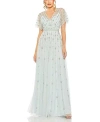 Mac Duggal V Neck Embellished Flutter Sleeve A Line Gown In Mist