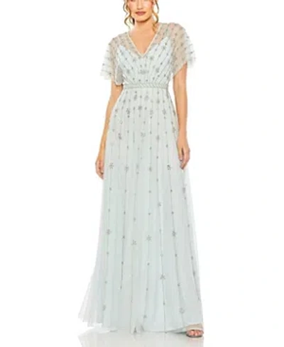 Mac Duggal V Neck Embellished Flutter Sleeve A Line Gown In Blue