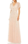 Mac Duggal V Neck Embellished Flutter Sleeve A Line Gown In Rose
