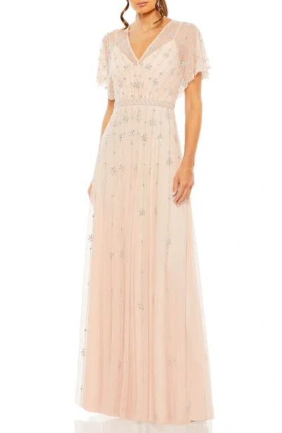 Mac Duggal V Neck Embellished Flutter Sleeve A Line Gown In Rose