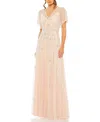 Mac Duggal V Neck Embellished Flutter Sleeve A Line Gown In Rose