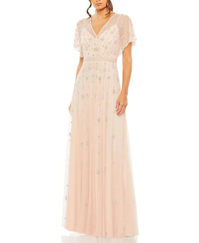 Mac Duggal V Neck Embellished Flutter Sleeve A Line Gown In Rose