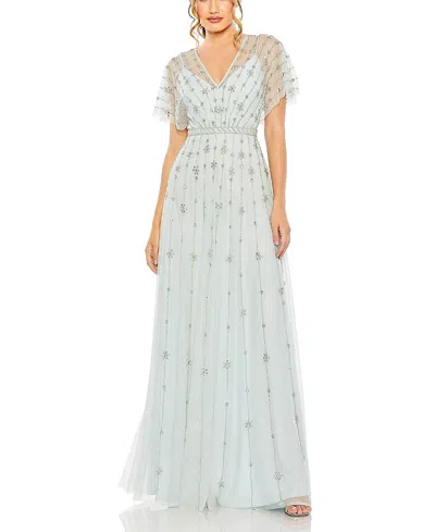 Mac Duggal V Neck Embellished Flutter Sleeve A Line Gown In White