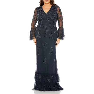 Mac Duggal 9239 Long V Neck Embellished Flutter Tiered Long Sleeve Plus Size Dress In Blue