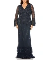 Mac Duggal V Neck Embellished Flutter Tiered Long Sleeve Gown In Midnight