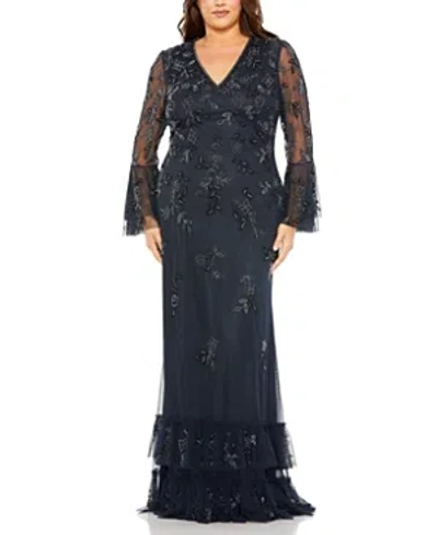 Mac Duggal V Neck Embellished Flutter Tiered Long Sleeve Gown In Midnight