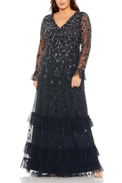 Mac Duggal V-neck Embellished Long Flutter Sleeve Tired Gown In Blue