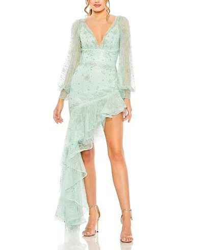 Mac Duggal V Neck Empire Sleeve High Low Dress In Seafoam