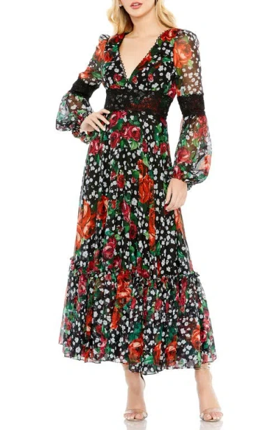 Mac Duggal V-neck Floral Dress With Long Puff Sleeves And Ruffle Hem In Multi