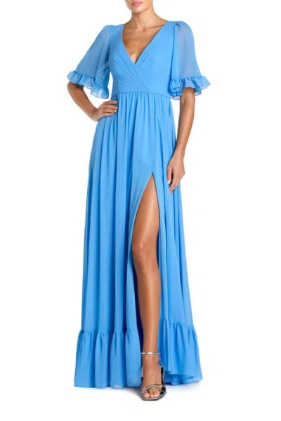 Mac Duggal V-neck Flutter Sleeve Chiffon Faux Wrap Maxi Gown In Blue