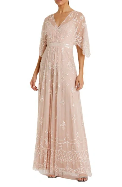 Mac Duggal V Neck Flutter Sleeve Embellished Mesh Gown In Blush