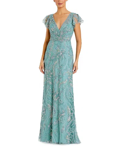 Mac Duggal V-neck Flutter Sleeve Floral Embroidered Gown In Green