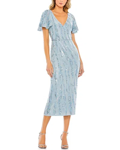 Mac Duggal V-neck Flutter Sleeve Tea-length Dress In Blue
