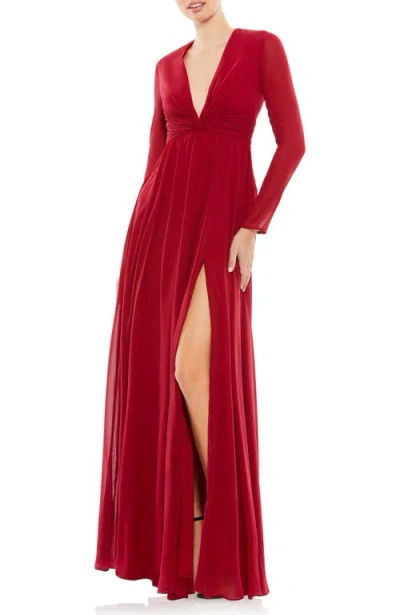 Mac Duggal V-neck Front Twist Long Sleeve Gown In Red
