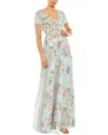 Mac Duggal Embellished Floral Gown With Mesh Flutter Sleeves And Beaded Waist In Multi