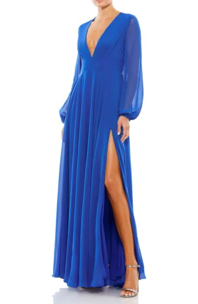Mac Duggal V-neck Illusion Long Sleeve Chiffon Gown In Royal Blue
