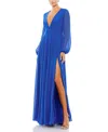 Mac Duggal V-neck Illusion Long Sleeve Chiffon Gown In Royal Blue