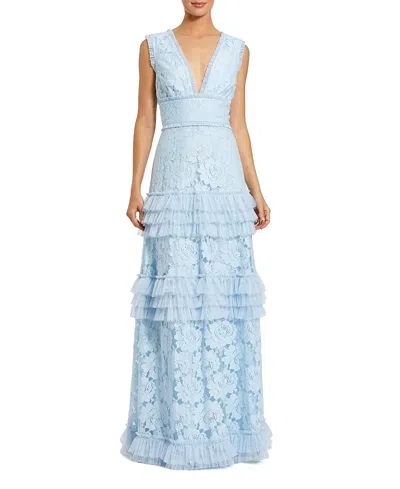 Mac Duggal V Neck Lace Tiered Ruffle Gown In Blue